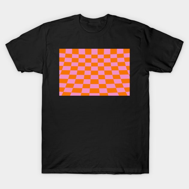 Warped perspective coloured checker board effect grid orange and pink T-Shirt by Russell102